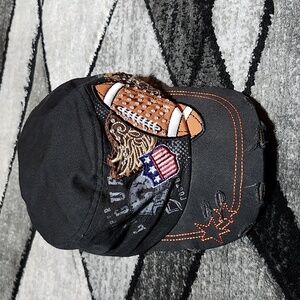 EMBROIDERED FOOTBALL ANGEL WINGS STARS DISTRESSED RHINESTONES CADET CAP HAT